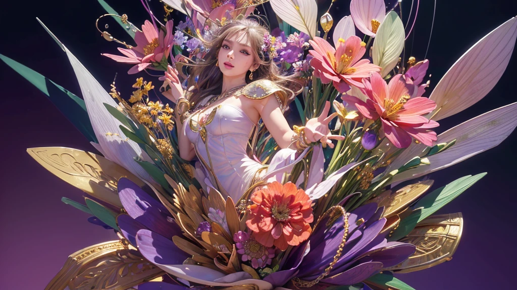 32K, 最高quality, 最高masterpiece, (ultra-Detailed Background, Detailed Background), High resolution, Super detailed, Very detailedな, 1 personの, (bouquet:1.3), (Tangled:1.2), (Geometric:1.2),(colorful),(masterpiece, quality, best quality, Official Art, Beautiful and beautiful:1.2), (1 person:1.3), Very detailed,(colorful:1.1)(Flowers:1.3),Most detailed,(Tangled:1.2), whole body, (Abstract background:1.3), (Skin glows), (Many colors:1.4), ,(Earrings Jewelry:1.5), Pale purple background, It's imaginative.,