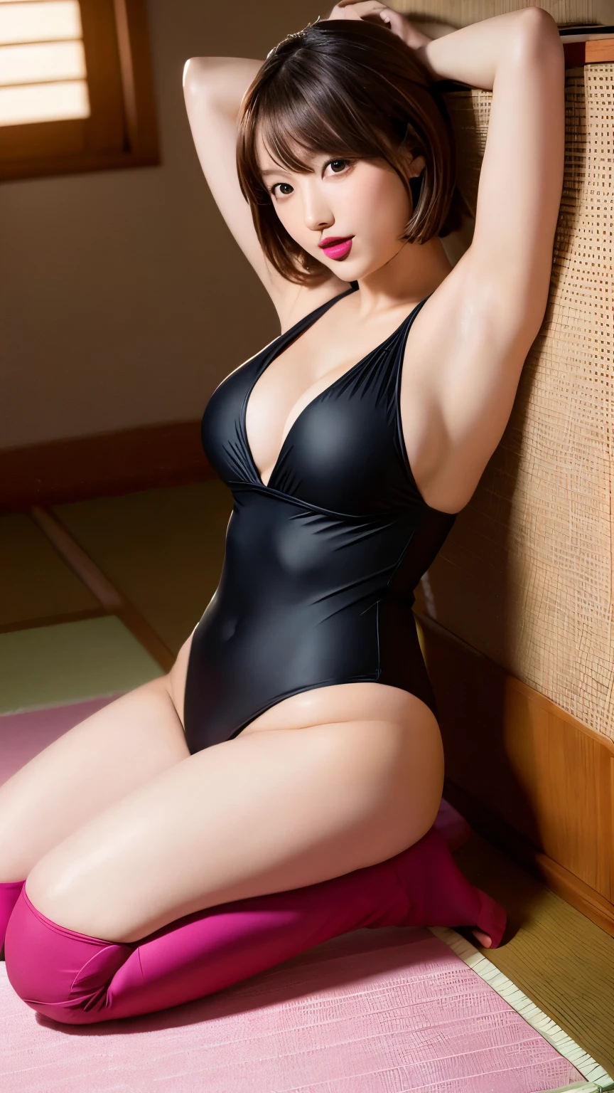 ((Japanese sexy idol)) ((Plump, bright red lips with lipstick)) Big Breasts Chubby round face Plump figure Heavy makeup ((Brown hair short hair)) ((Looking into the camera)) Sit with your legs apart ((Black Parfait new type of swimsuit and knee-high boots)) Put your hands behind your head Sweat-soaked armpits Show your armpits Sweaty skin 布団の上にSit with your legs apart look down ((A bedroom with shoji and tatami mats lit up in pink neon lights))