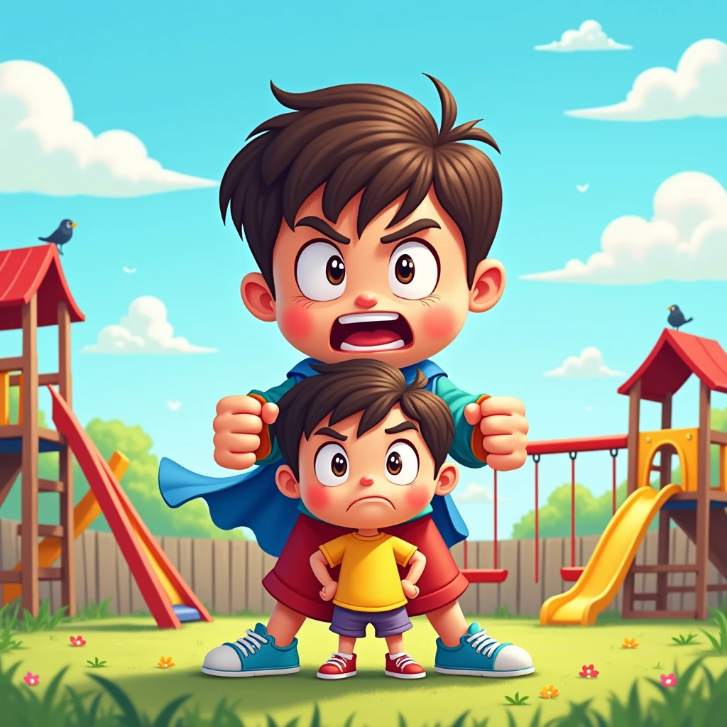 Cartoon of a child defending another