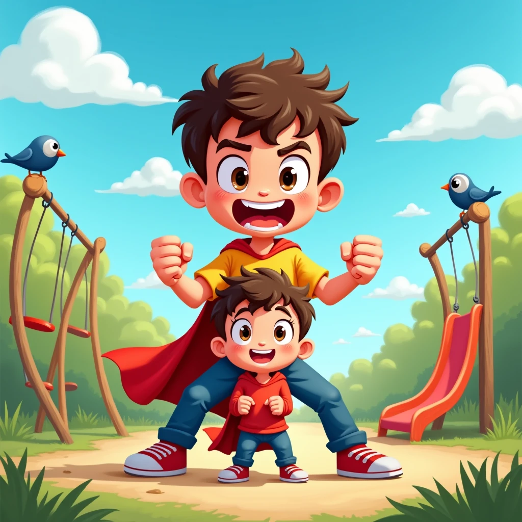 Cartoon of a child defending another