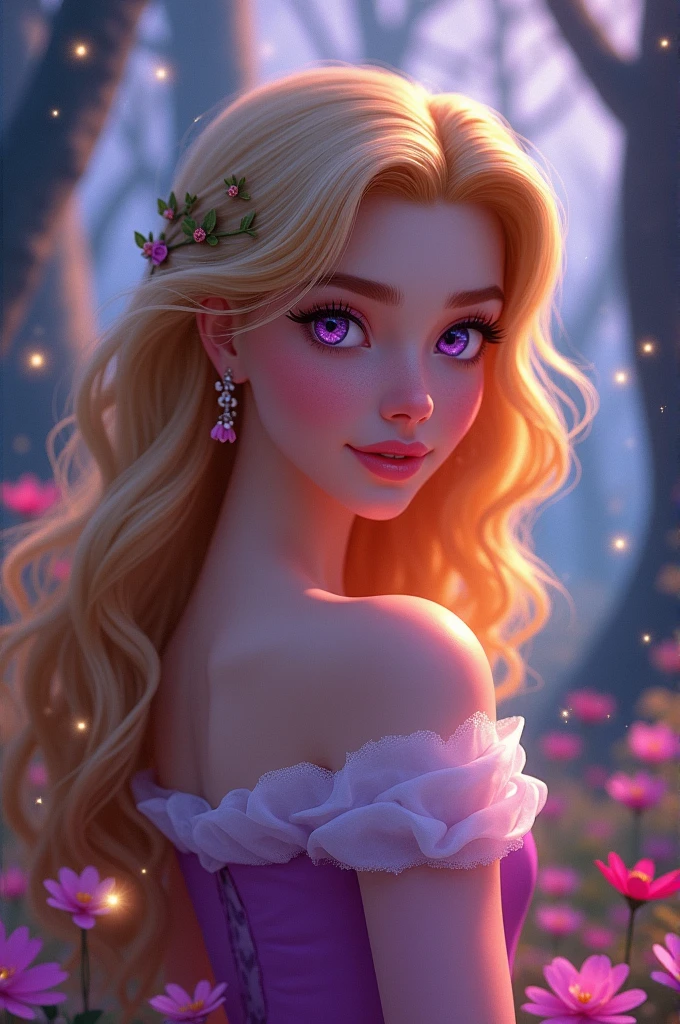 disney princess aurora hyper realistic version,possessing feline traits,giant eyes,feline and purple,fine lips,thin triangular face,arched eyebrow,slightly wavy and very blonde hair,pale skin