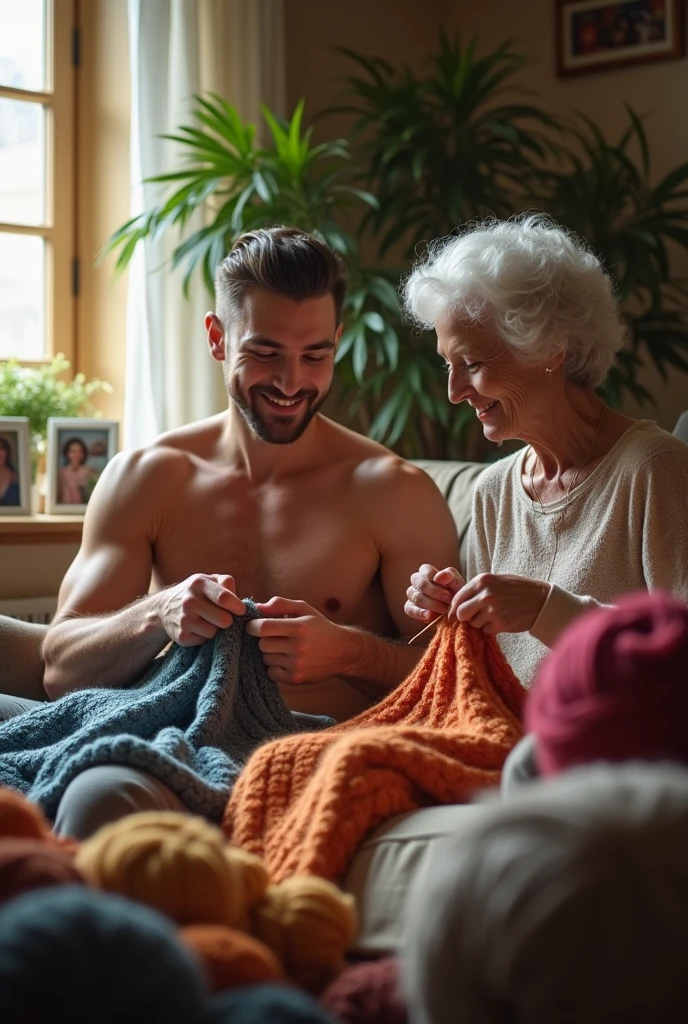 Joven Handsome con cara linda, Handsome, delgado, shirtless knitting clothes with his grandmother, hombre Handsome