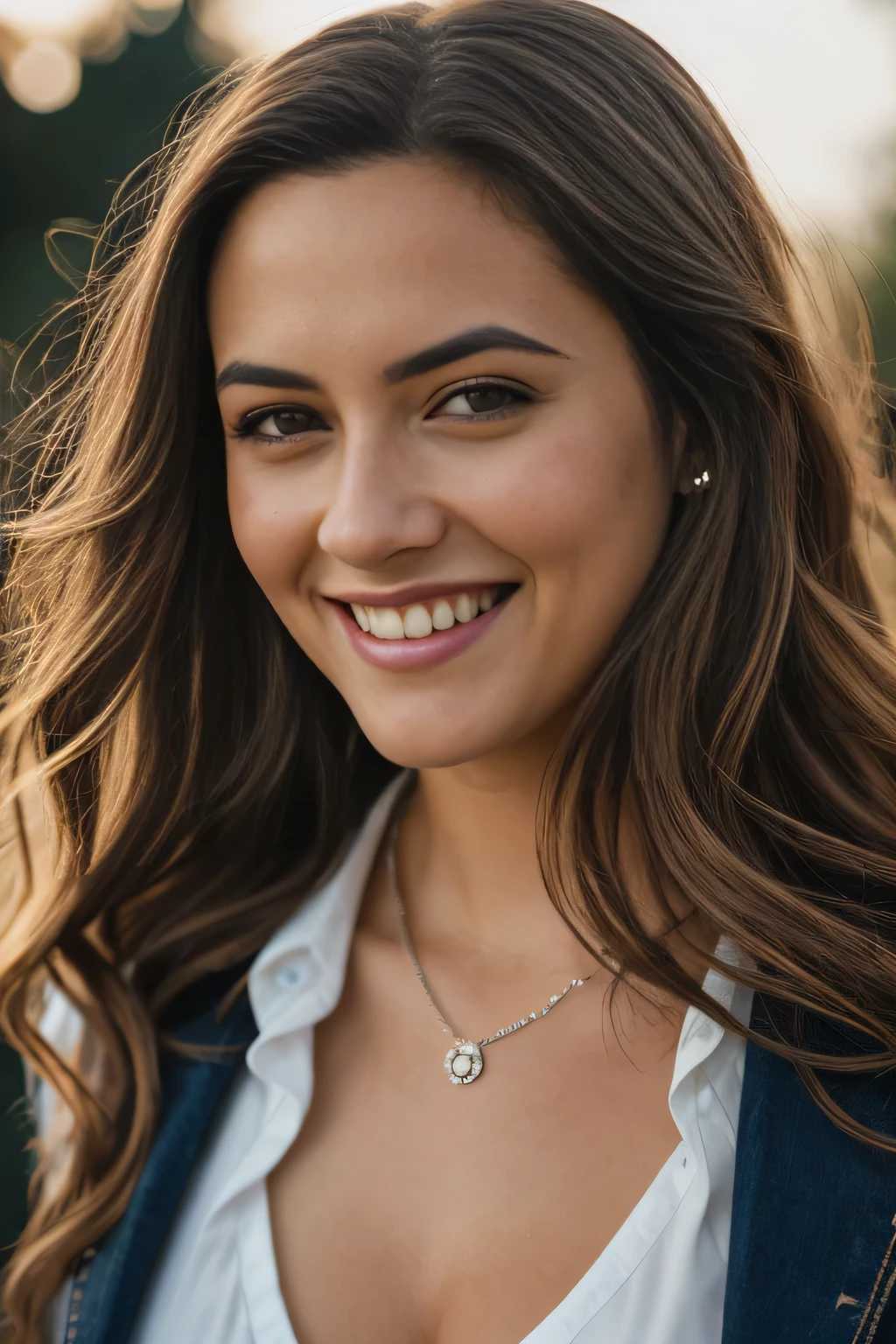 a Realistic photo of 4l1c14s1 woman, long hair, breasts, looking at viewer, blonde hair, simple background, brown hair, shirt, cleavage, jewelry, teeth, grey background, necklace, grin, lips, realistic, soft lighting, professional Photography, Photorealistic, detailed eyes, RAW, analog, sharp focus, 8k, HD, DSLR, high quality, Fujifilm XT3, film grain, award winning, masterpiece