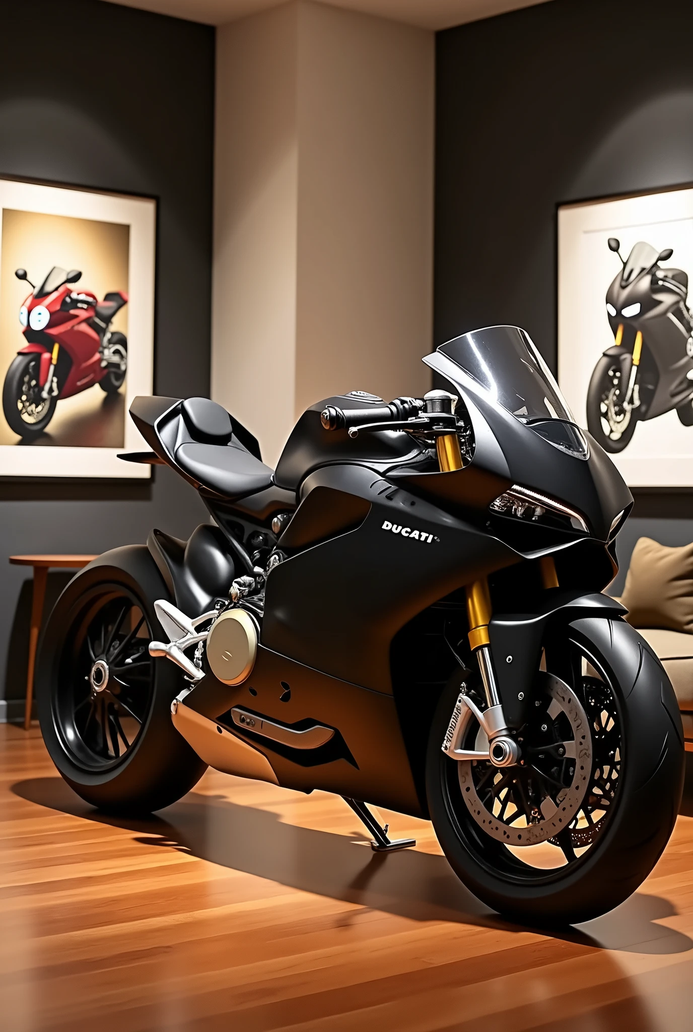 a Ducati, given the branding on its side. The bike is parked indoors, Livingroom on display as art, as indicated by the polished wooden floor and the framed Ducati artwork in the background. The motorcycle's design features include a fairing that covers part of the frame and engine, a sleek seat, and a sporty rear cowl. The wheels are equipped with performance tires, and the front wheel has a gold-colored rim, suggesting a high-end model. The presence of the motorcycle in an indoor setting with an artistic backdrop may imply that this is a display meant to showcase not only the bike but also its aesthetic appeal within a curated environment.