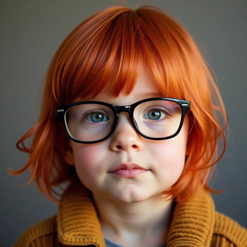  a red-haired child with straight, short hair and stylish glasses