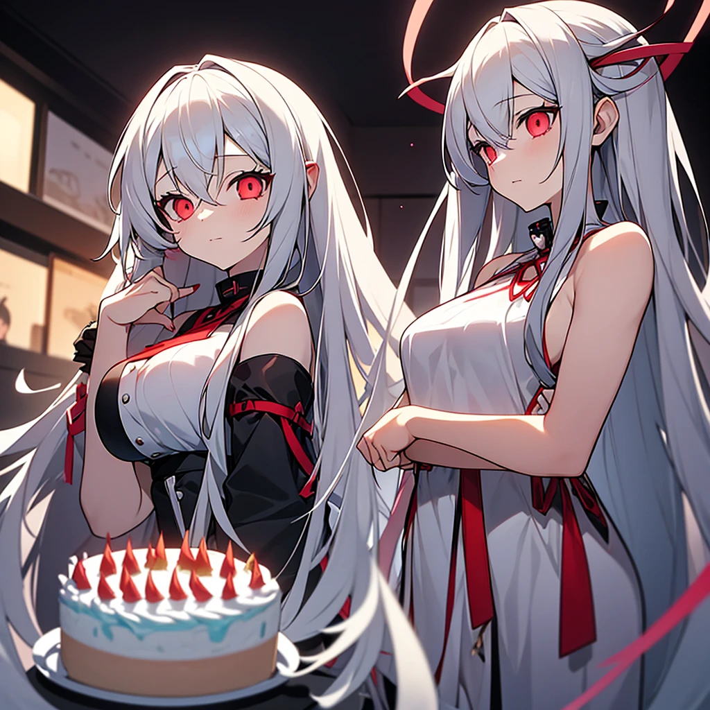 The anime girl has long light gray hair and red eyes. She doesn't wear a shirt but has a red ribbon wrapped around her chest and body. She has a perfect and beautiful body. The second anime girl with long white hair and glowing white eyes was watching and next to her was a 16th birthday cake.