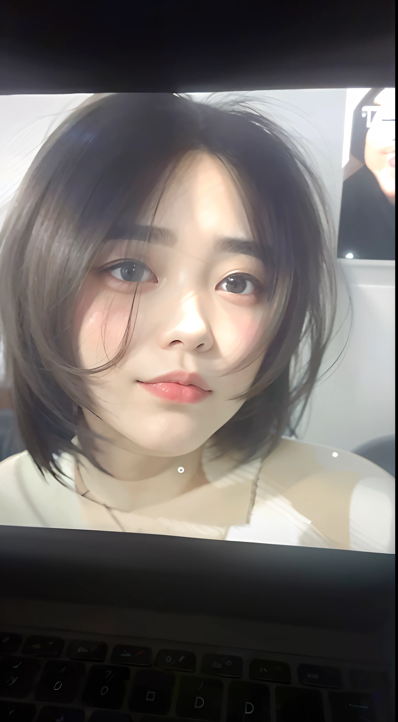 There was a woman on the computer screen,There is a picture of a man on the screen, with short hair, with round face, very very low quality picture, from 8 k matte, wan adorable korean face, She has a cute face, with same hairstyle,ulzzangs, round cheeks, 8K))