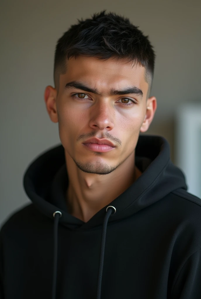 Photorealism. Handsome young man. He is wearing a black hoodie. His hair is wolf cut. His brows were thick, has hooded eyes and pointed nose. And his lips are light pink. No beards.