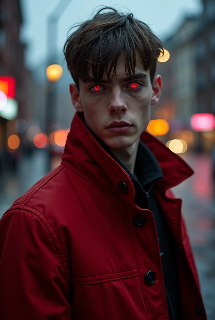 20 year old man, Her hair is straight, short, and brown., Her skin is fair, his eyes are red, Her clothes are in shades of red, Her expression is cold