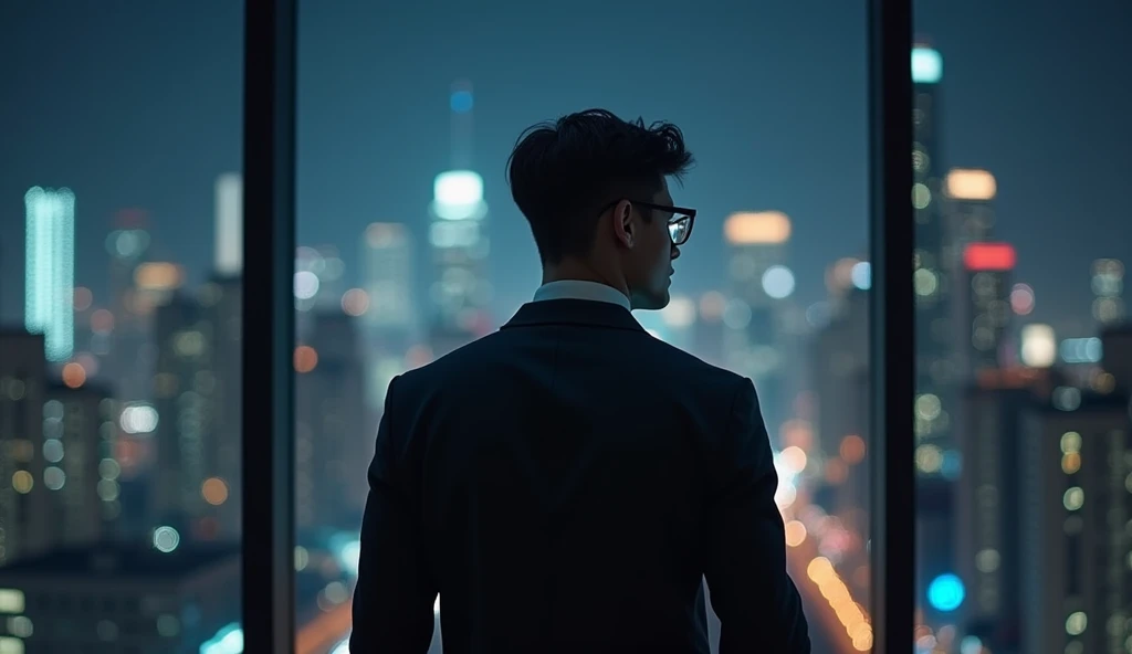 A young adult boy, businessman looks, businessman, handsome, with glasses, back side view, back, full body, 5 feet 7 inches height, medium height, big window, night, dark, digitalis futuristic city , handsome boy, realistic, real looks, realistic view, stylish boy, medium hair, real life, digital futuristic city, big room, stylish jacket, full body show,