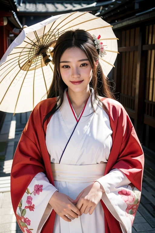 solo, masterpiece, High resolution, High detail, Highest quality, Very detailed, Ultra high definition, Textured skin, Black Hair, smile,white without dirt,Wedding in a kimono,shrine,Full Body Shot