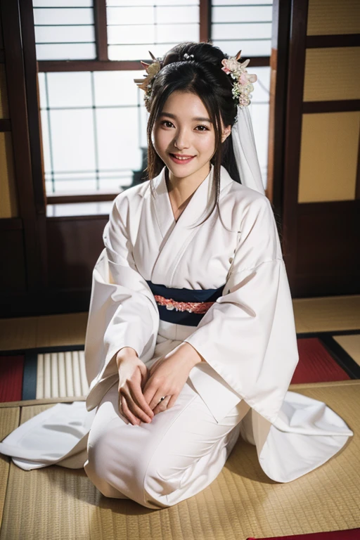 solo, masterpiece, High resolution, High detail, Highest quality, Very detailed, Ultra high definition, Textured skin, Black Hair, smile,white without dirt,Wedding in a kimono,shrine,Full Body Shot