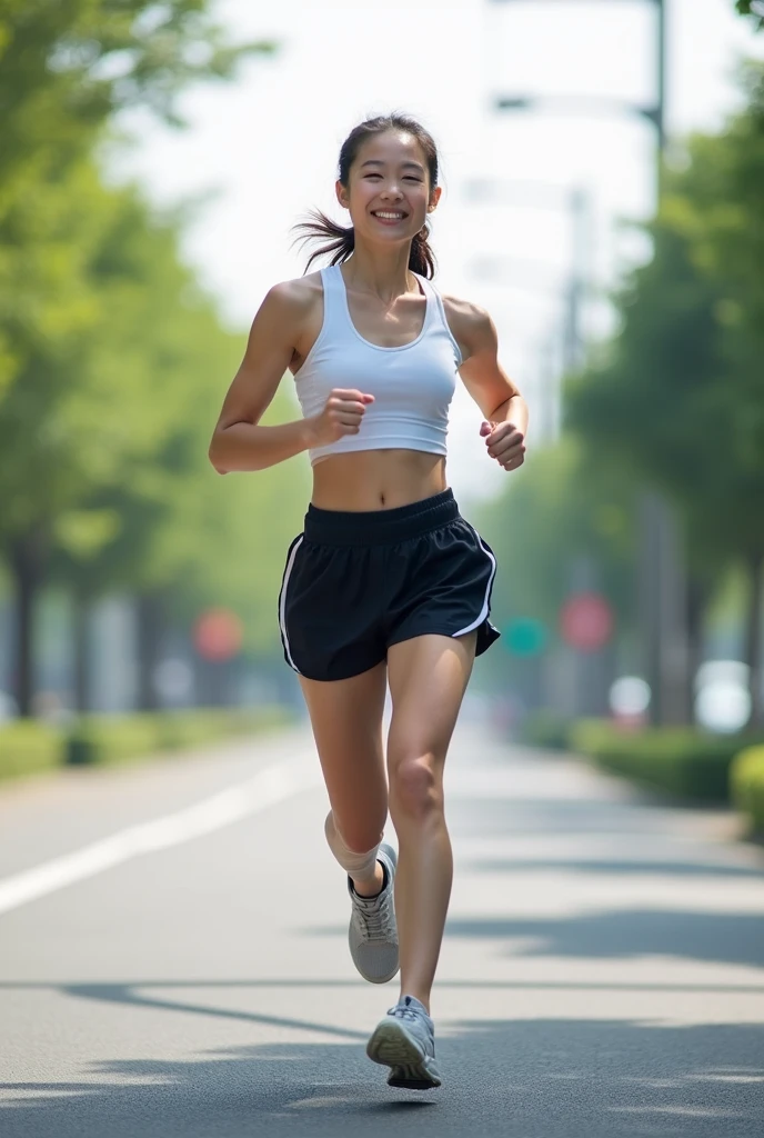 A photo that shows the whole body from the feet up. 20-year-old Asian、Jogging in the streets of Tokyo、Multiple poses、smile、sunny