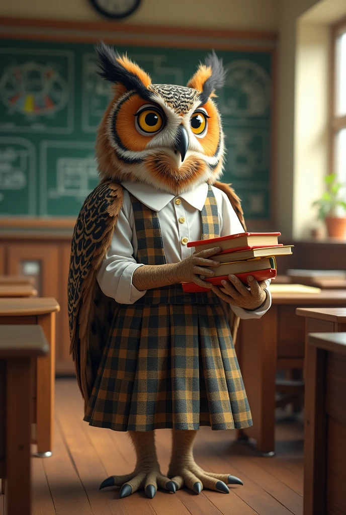 Realistic female owl wearing teacher costume full body