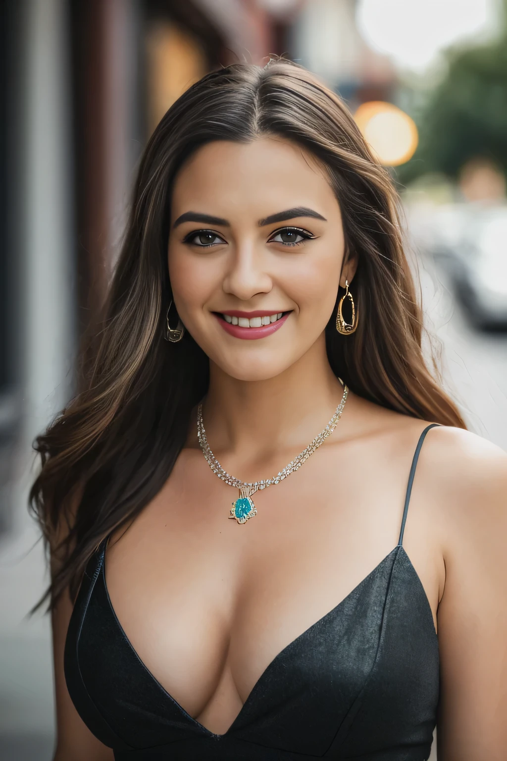 a Realistic photo of 4l1c14s1 woman, long hair, breasts, looking at viewer, blonde hair, simple background, brown hair, shirt, cleavage, jewelry, grey background, necklace, grin, lips, realistic, soft lighting, professional Photography, Photorealistic, detailed eyes, RAW, analog, sharp focus, 8k, HD, DSLR, high quality, Fujifilm XT3, film grain, award winning, masterpiece