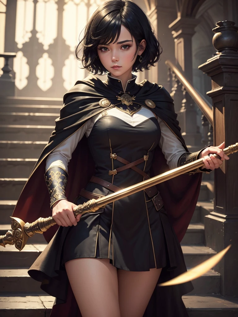 ((best quality)) , ((masterpiece)) , (detailed),1girl, short hair,  black hair, cape, staff, stairs, magic