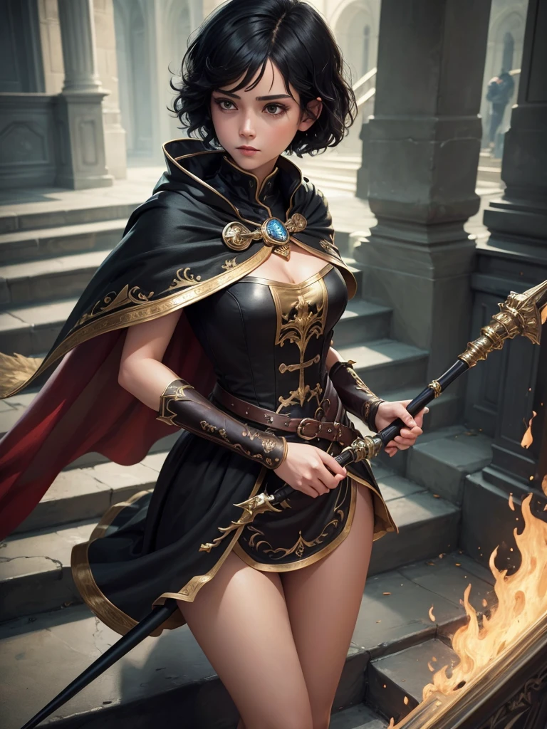 ((best quality)) , ((masterpiece)) , (detailed),1girl, short hair,  black hair, cape, staff, stairs, magic