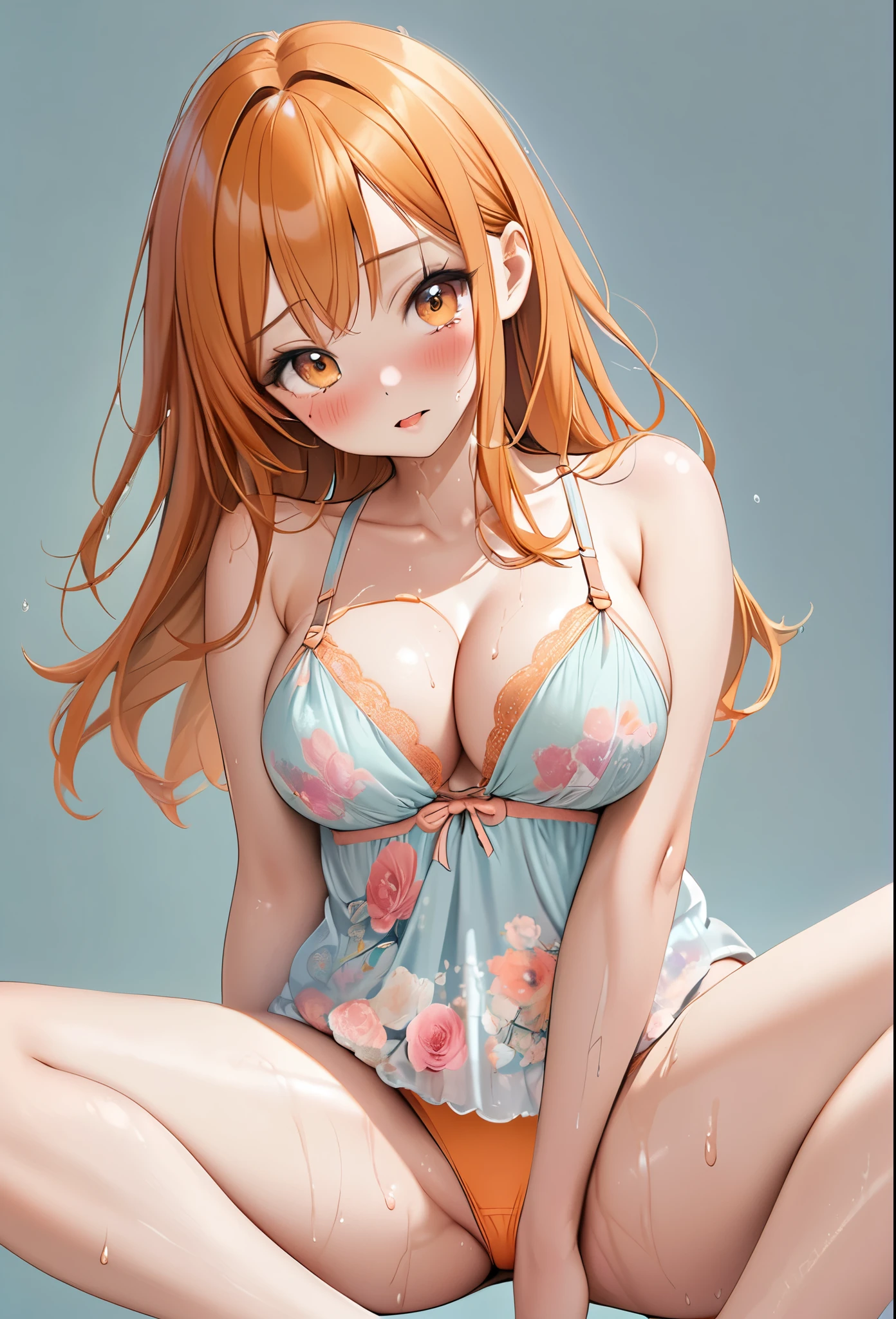 ((nami)), (((cute overload))), pastel color palette, ((black thigh length hair)), (orange hair), (big orange eyes), big tits, casual pose, relaxed, playful, shiny skin, (thin), (((solid pastel background))), (((sideboob))), (petite), ((floral pastel lingerie)), ulzzang, ((realistic)), (looking at viewer), arms behind back, ((cleavage)), straight on, portrait, slim thighs, orange panties, (((sweaty)), flush, (heavy blushing), wanting, sexy, seductive, orgasm, sitting, ((legs spread)),