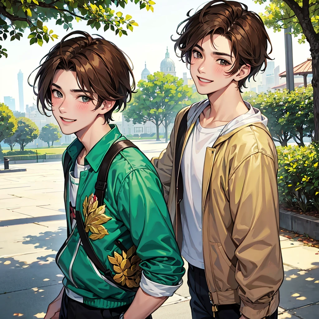 Create a young teenage man with messy brown hair, delgado, happy, blushing, smile , Beautiful face, parts, In the background of a park, in anime manga style