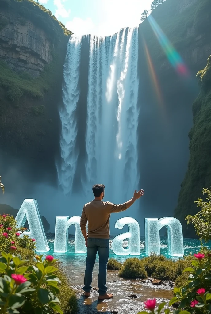"A Man standing in front of a majestic waterfall flowing down from a mountain. The name 'Aman' is written in transparent 3D letters in front of him, and the Man is reaching out, placing his hand on the text, blending with the natural and dynamic backgroundthe background, creating a striking 3D effect