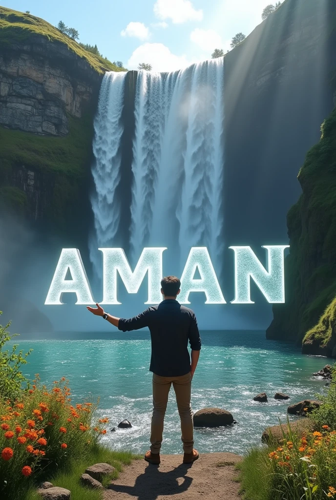 "A Man standing in front of a majestic waterfall flowing down from a mountain. The name 'Aman' is written in transparent 3D letters in front of him, and the Man is reaching out, placing his hand on the text, blending with the natural and dynamic backgroundthe background, creating a striking 3D effect
