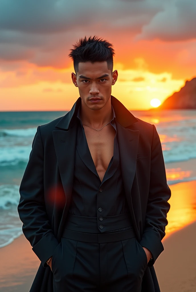 book character: tanned male with short hair measuring 4 fingers, red brown eyes, stark, Cao Cao, at beach, in black wedding clothes, Bad Boy Style. realisitic