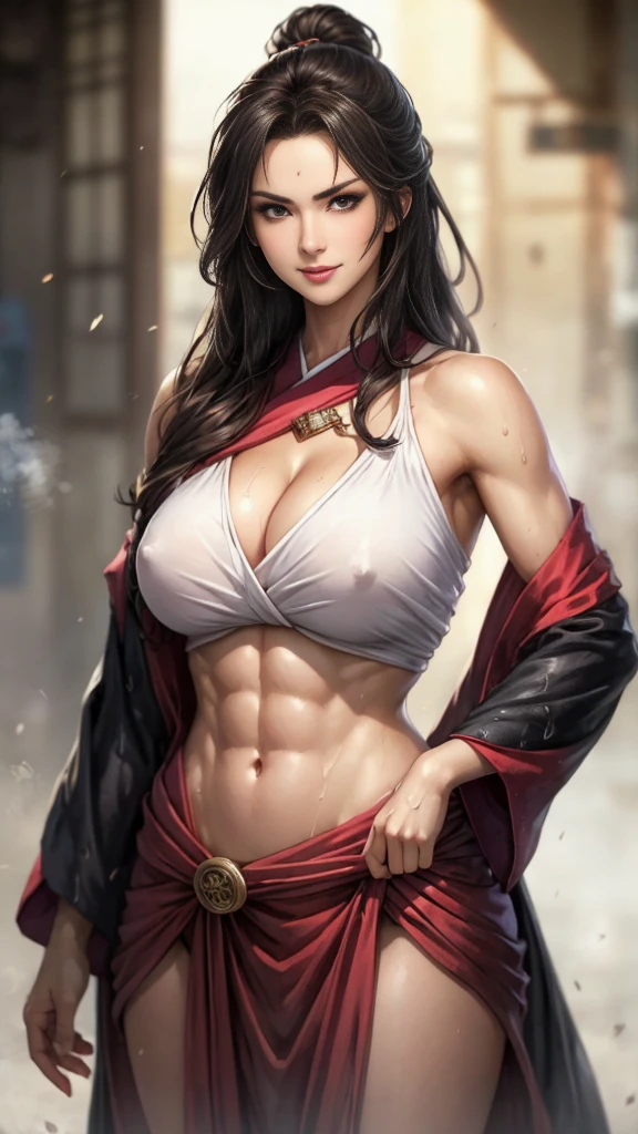 A female pirate wielding a matchlock gun: 1.2、Japanの戦国時代、disheveled long black hair、(One person)、(8k, Photorealistic, Best Quality, Masterpiece: 1.2)、(Beautiful woman、statuesque、busty、abs、hairy armpit:1.3、dark skin:0.7、wet skin:1.1 )、(A flashy kimono worn loosely:1.3、Exposed shoulders:1.2、Nipples Through、((chest sarashi:1.3)))、dynamic、Confident、Fearless smile、samurai：1.1、(He supports the matchlock gun he has placed with one hand.:1.3、One hand on hip:1.2)、Japan、((White background:1.2))、NFSW、Female parent、Older sister