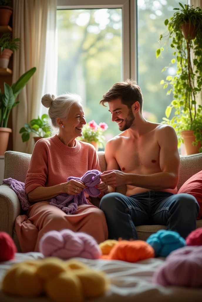 Joven Handsome con cara linda, Handsome, delgado, shirtless knitting clothes with his grandmother, hombre Handsome