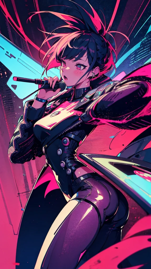 Better Quality, 4K Wallpaper, first work, Highly detailed CG uniform wallpaper 8k, Highly detailed eyes, Ultra-detailed, Intricate details, One person,Retro art style, Neon Art Style_pop, singing,cyber punk