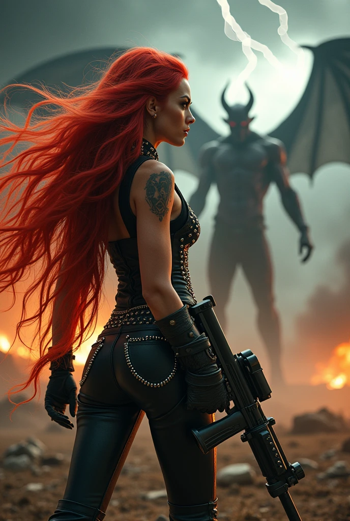 Red-haired woman with long hair, a rocker, shooting at the devil with a machine gun.
