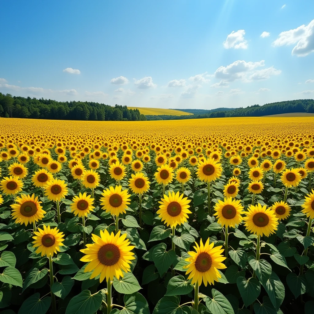 Highest quality,4K,8k,High resolution,masterpiece:1.2,Very detailed,Realistic,photoRealistic:1.37,Sunflower field seen from above,floating,perspective,Grandview,aerial photograph,Golden Sun,Vibrant colors,Dense forest,Majestic Landscape,Sunflowers touching the sky,Endless sunflower fields,Tall and sturdy stems,Large bright yellow petals,Full of life,Natural Beauty,nature's masterpiece,Harmony and tranquility,The beauty of agriculture,Farmland scenery,Far Away Horizon,Quiet countryside,Summer atmosphere,Optimistic and fun,Happiness and warmth,Richness of nature,Captivating patterns,symmetrical arrangements,Floral Wonderland,Infinite beauty,A stunning sight,Nice views,Airy、Full of light,Full of positive energy,Lush greenery,Clear blue sky