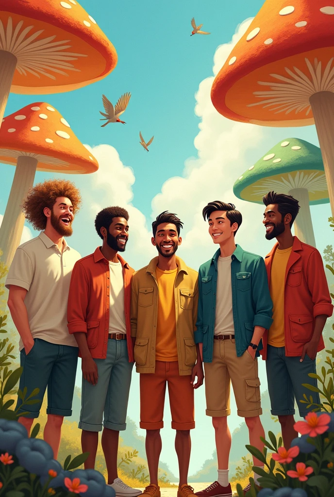 Friends gathered (only men) a fat and hairy white guy,a tall and thin black man with short hair, a dark-skinned Indian, a Korean with, a cool white guy, a short and ugly black man and a short half-gay white man, hugging and happy in the center of the image, put some subtle woodpeckers flying, and mushroom trees in the background, make it in a realistic playful illustration.