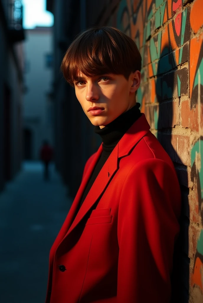 20 year old man, Her hair is straight, short, and brown., Her skin is fair, his eyes are red, Her clothes are in shades of red, Her expression is cold