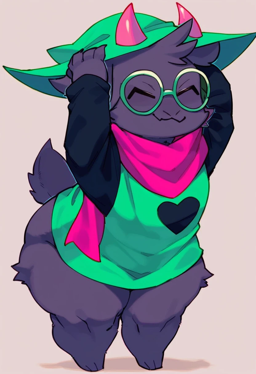  (score_9, score_8_up),furry, fur, face, Ralsei(deltarune), goat, dark fur, pink horns, black sleeves, cute, green glasses, hatless, green shirt, standing, arms up with his hands doing the peace sign,pink scarf,closed eyes, happy, smug face, bending over, wide hips, huge thighs, fat ass, behind view,   {{{kame (kamepan44231), no humans, chibi, jitome, fumo (doll)}}}, portrait. 1furry, solo