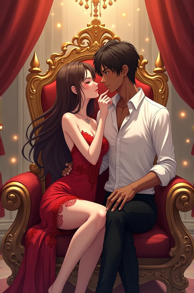 An anime cover. A white-skinned girl in a short red dress sitting on a Queen's throne with a crown. She is very beautiful. On the same throne, a darker-skinned boy, taller than her, is sitting. They are both sitting on the furniture, and the boy is kissing the girl's hand. The girl has brown hair and her dress is like a princess's, but short. The boy is wearing a white shirt and black pants. He is sitting with her, but kissing her hand. 