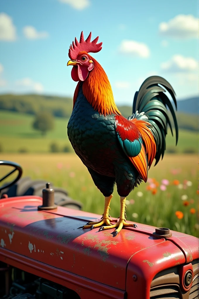 Take a picture of a rooster on a tractor