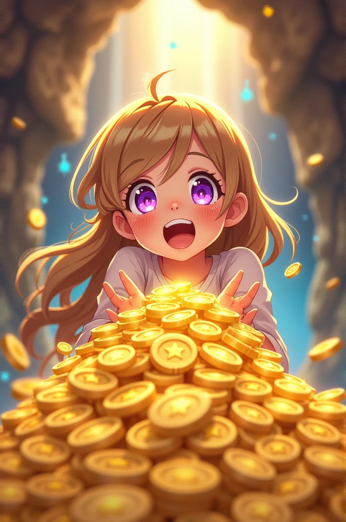 Light brown haired girl almost blonde with purple eyes hugging gold coins, very happy. (anime style) 