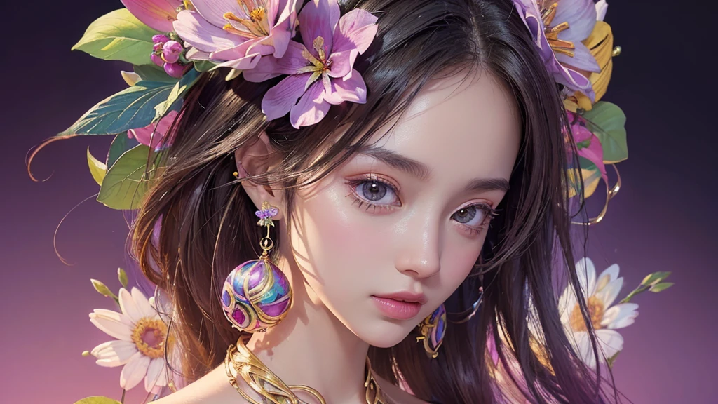 32K, 最高quality, 最高masterpiece, (ultra-Detailed Background, Detailed Background), High resolution, Super detailed, Very detailedな, 1 personの, (bouquet:1.3), (Tangled:1.2), (Geometric:1.2),(colorful),(masterpiece, quality, best quality, Official Art, Beautiful and beautiful:1.2), (1 person:1.3), Very detailed,(colorful:1.1)(Flowers:1.3),Most detailed,(Tangled:1.2), whole body, (Abstract background:1.3), (Skin glows), (Many colors:1.4), ,(Earrings Jewelry:1.5), Pale purple background, It's imaginative.,