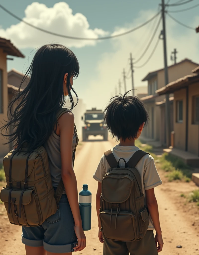 PICTURE REALISTIC, High definition, Two girls, with backpack, one holds a bottle, white with black hair, straight with their back to the camera, One is 20 years old, the other 15 in a village, watching the arrival of military personnel in trucks and jeeps. The scene conveys an atmosphere of tension and expectation..