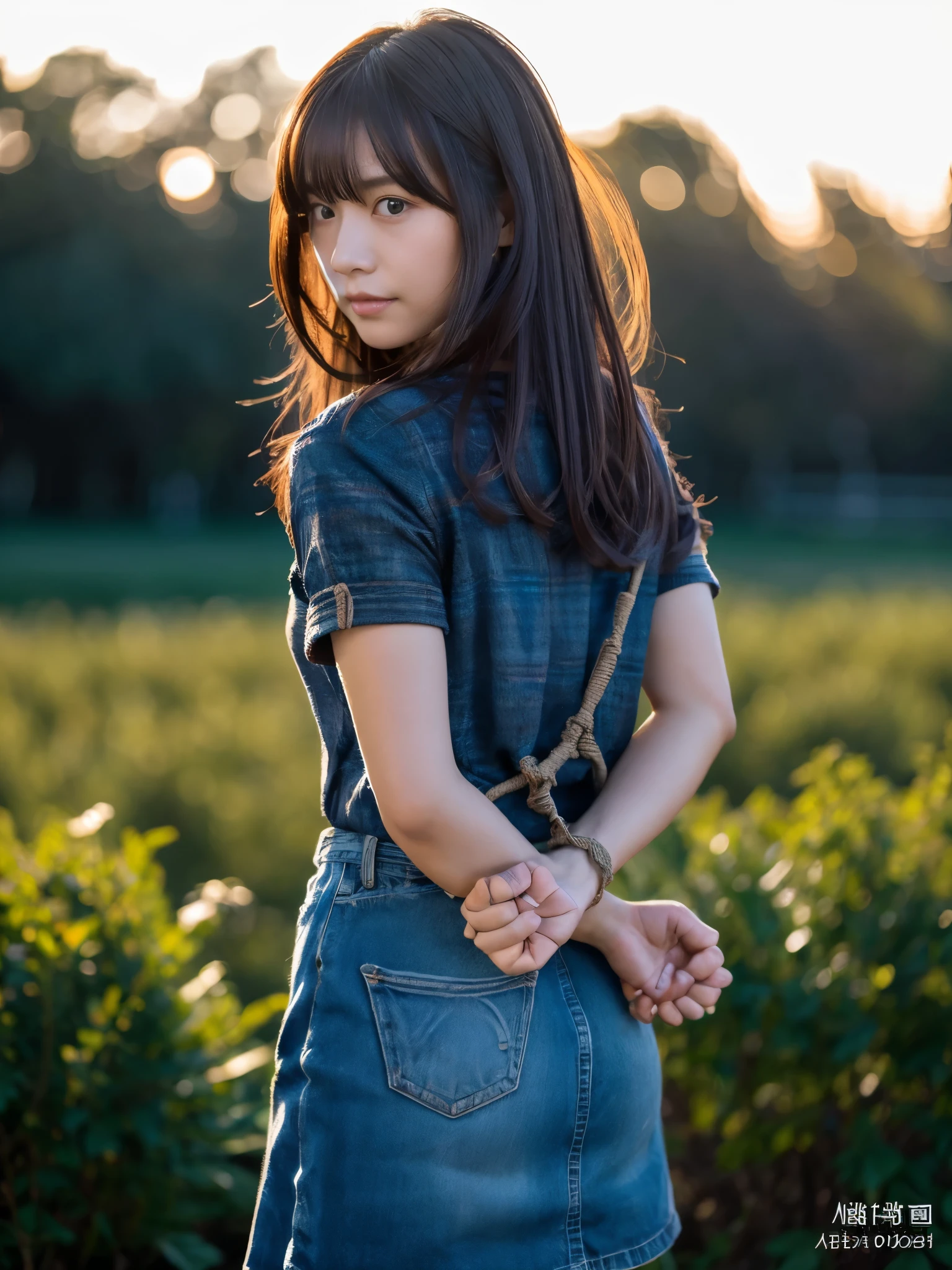 Kidnapped Woman、His hands are tied、((Place your hands behind your back))、((Place your hands together and cross them behind your back))、(((Her wrists are tied with rope、shibari)))、Beauty、20-year-old、university student、(anatomicaly, Has two arms and two hands)、Standing on a hill at night、There are a lot of trees、Beautiful night sky、There are many stars、A strong wind is blowing、Wearing a short-sleeved blouse、Wear a high school student-style miniskirt、Uniform eyes、Proportioned proportions、Model body type、Small breasts、Small face、(I can see from head to heel), Black Hair, bangs, swept bangs, Straight hair, Nervous, Messy Hair, Floating hair, Cinema Lighting, tachi-e, First-person view, throw, From behind, F/1.2, Nikon, Cowboy Shot, Surrealism, 超High resolution, Highest quality, High resolution, 8k, Textured skin, anatomicaly正しい体,