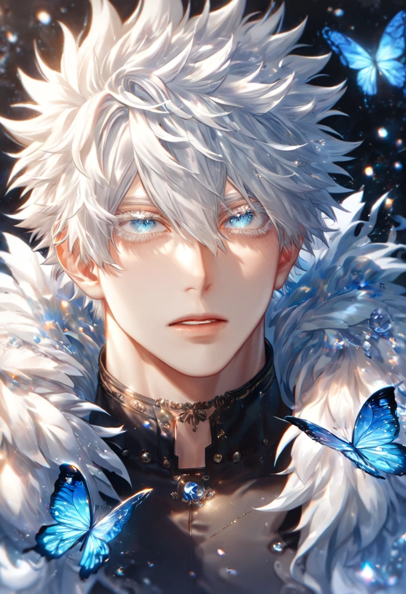 absurdres, highres, ultra detailed, HDR) master piece, best quality, extremely detailed, delicated features, Gojou Satoru, white hair, messy hair, hair between the eyes, expressive blue eyes, white eyelashes, Boku No Hero Academia, solo, sexy man, handsome, sensual, light-blue coat with fur collar, black T-shirt, fantasy, magical, glittering, shining, blue flames, blue moon, blue flowers, blue butterflies, garden