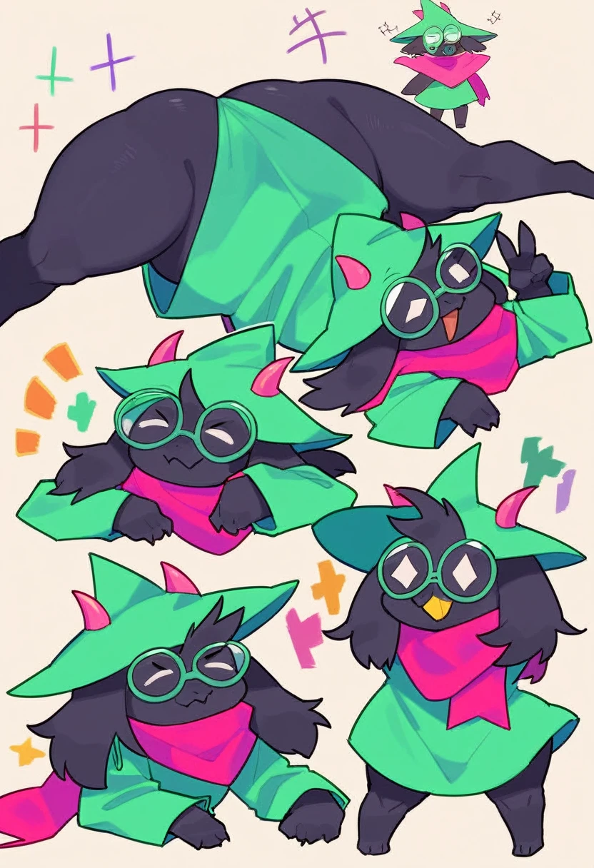 (score_9, score_8_up),furry, fur, face, Ralsei(deltarune), goat, dark fur, pink horns, black sleeves, cute, green glasses, hatless, green shirt, standing, arms up with his hands doing the peace sign,pink scarf,closed eyes, happy, smug face, bending over, wide hips, huge thighs, fat ass, back view, Jack-o pose,  {{{kame (kamepan44231), no humans, chibi, jitome, fumo (doll)}}}, portrait. 1furry, solo