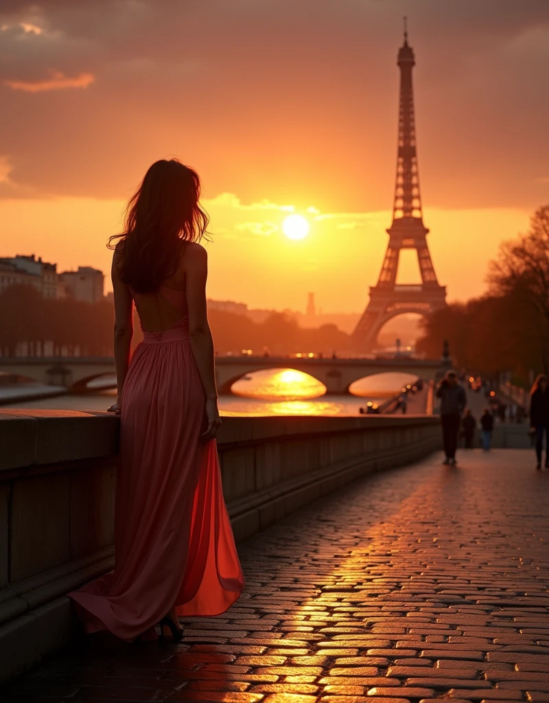 Sunrise in Paris immediately after an epic storm with the sun breaking through the ominous clouds casting warm rays of light on the city, on the bridge enjoying the cinematic morning scenery, a 37 years old elegant woman with flowing hair slightly messed up by the breeze, reflection in the puddles.