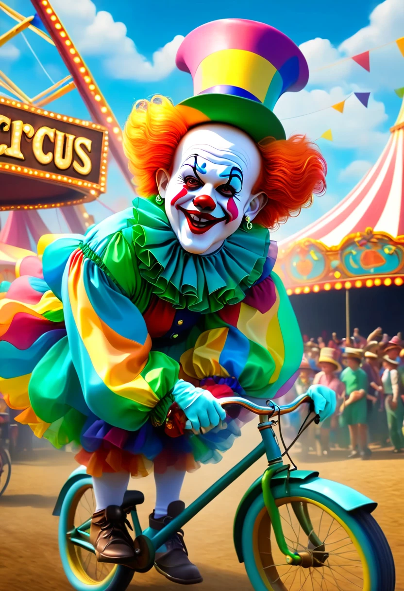 A small clown riding a bicycle in a circus, many colorful and fun scene, festive and joyful atmosphere, (best quality,4k,8k,highres,masterpiece:1.2),ultra-detailed,(realistic,photorealistic,photo-realistic:1.37),circus clown,circus tent,festival,carnival,vibrant colors,playful,whimsical,dynamic composition,cheerful,humorous,upbeat,lively,entertaining