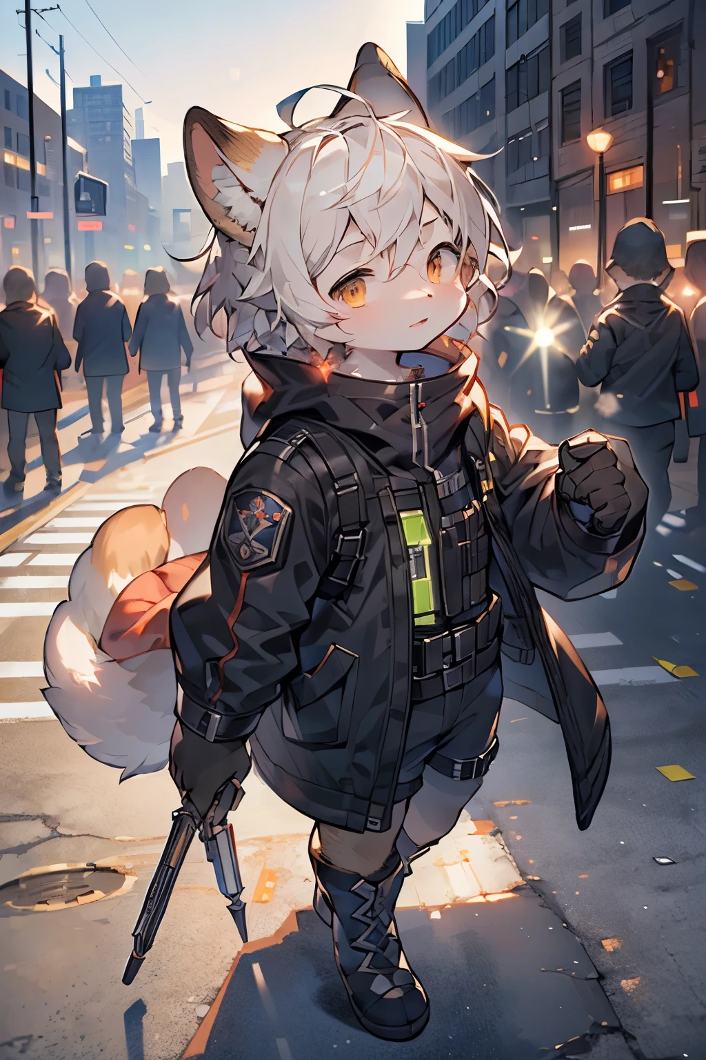 ((high quality)), ((masterpiece)), 8K, 2 girls, Bulletproof vest, Light, extremely detailed CG unity 8K wallpaper, Game CG, Looking at the audience, Gloves, boots, whole body, watch, , mask, Drones, Weapon, earphone, jacket, (Background destroyed city , explode , smokes