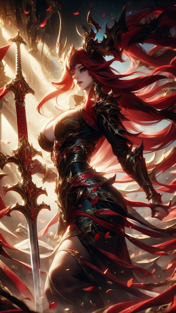(best quality,masterpiece,Ultra-high resolution,photoactual:4:0),In the ruined castle,beauty,Elegant temperament,an oriental woman,25 years old,8k,Long flowing red hair,Devil's Horn,Big breasts,cleavage,,Wearing red ta style,Magic Effects,steel sword,Black light on the sword,,Sword Runes
