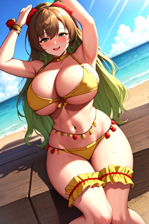 masterpiece, best quality, beautiful art, high resolution, well formed hands, body and fingers, 1 woman, solo, Lucoa, 31 years old, grown up, arabian belly dancer, adult, large and round breasted, cleavage, hair ribbon, full body, sexy and skimpy arabian belly dancer outfit, wearing a Mata Hari outfit, mata_hari_cosplay, gorgeous legs and thighs , fighting in a combat match, showing her fighting skills, making her guard, about to hit the viewer, looking at the viewer, camera focus on her bouncing breasts, sweating, bouncing breasts, smiling joyfully and brightly, seductive face, being confident and proud, action and fighting scene, martial arts tournament on the beach 