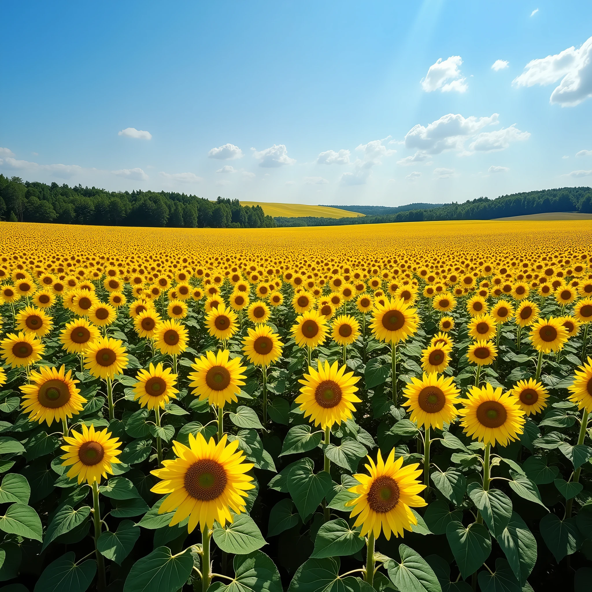 Highest quality,4K,8k,High resolution,masterpiece:1.2,Very detailed,Realistic,photoRealistic:1.37,Sunflower field seen from above,floating,perspective,Grandview,aerial photograph,Golden Sun,Vibrant colors,Dense forest,Majestic Landscape,Sunflowers touching the sky,Endless sunflower fields,Tall and sturdy stems,Large bright yellow petals,Full of life,Natural Beauty,nature's masterpiece,Harmony and tranquility,The beauty of agriculture,Farmland scenery,Far Away Horizon,Quiet countryside,Summer atmosphere,Optimistic and fun,Happiness and warmth,Richness of nature,Captivating patterns,symmetrical arrangements,Floral Wonderland,Infinite beauty,A stunning sight,Nice views,Airy、Full of light,Full of positive energy,Lush greenery,Clear blue sky