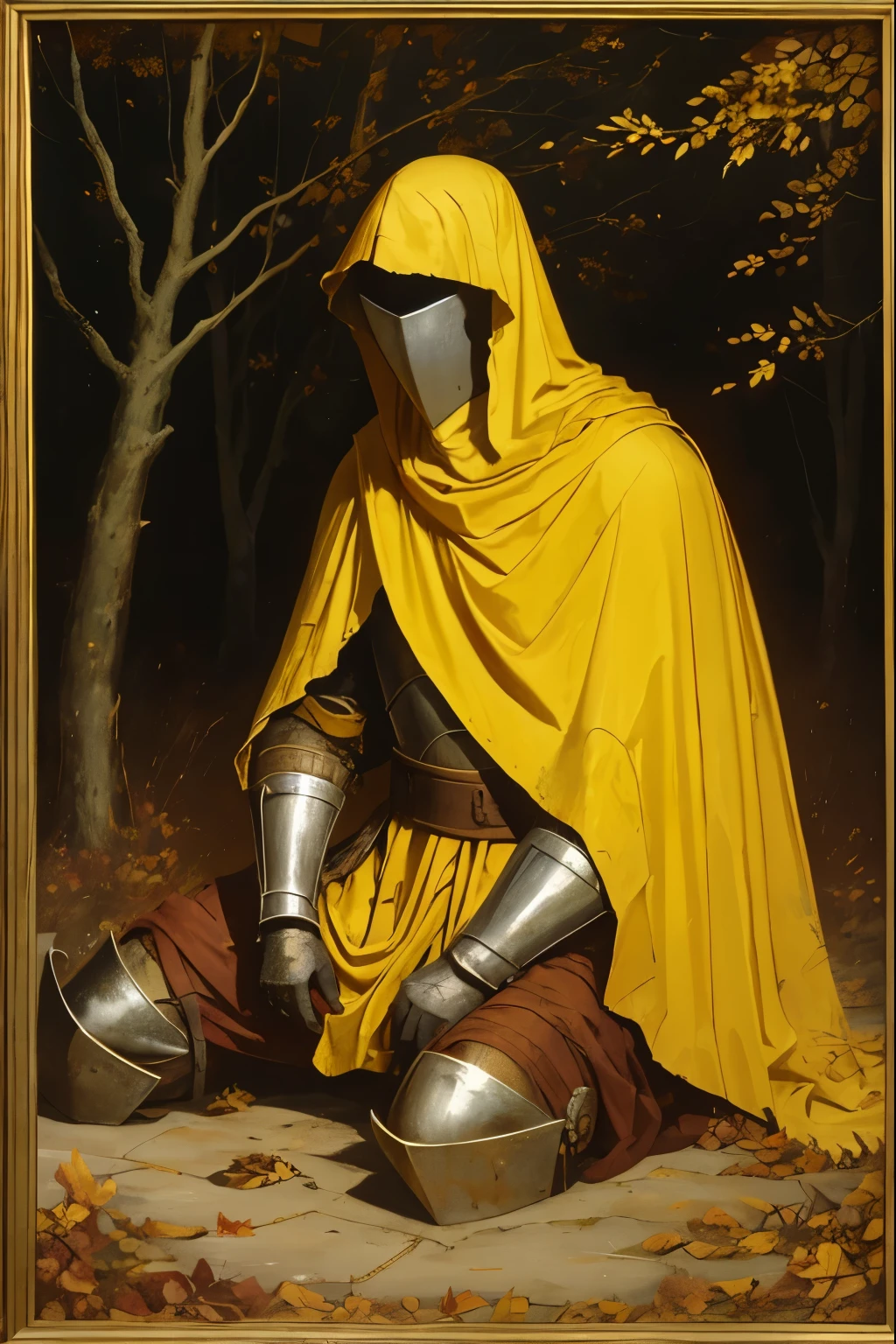 a painting of a cowering man, broad, arms and legs wrapped in yellowing bandages, bandages covered in dried blood and puss, disgusting, sitting on the floor, arms resting on knees, head hung low between legs, distraught, in pain, old bandages, mended armor over torso, mended knight, dirty armor, scratches all over his armor, mended metal chest armor, old art, in a forest veiled in darkness, yellow leaf, nighttime, eerie scene, dark forest, no light, zero illumination in background, golden leaves on branches, medieval helmet, very dulled cloth/less vibrant, dull yellow cloak, fraying clothes, torn clothing, torn cloak, very dull colors, painting streaks