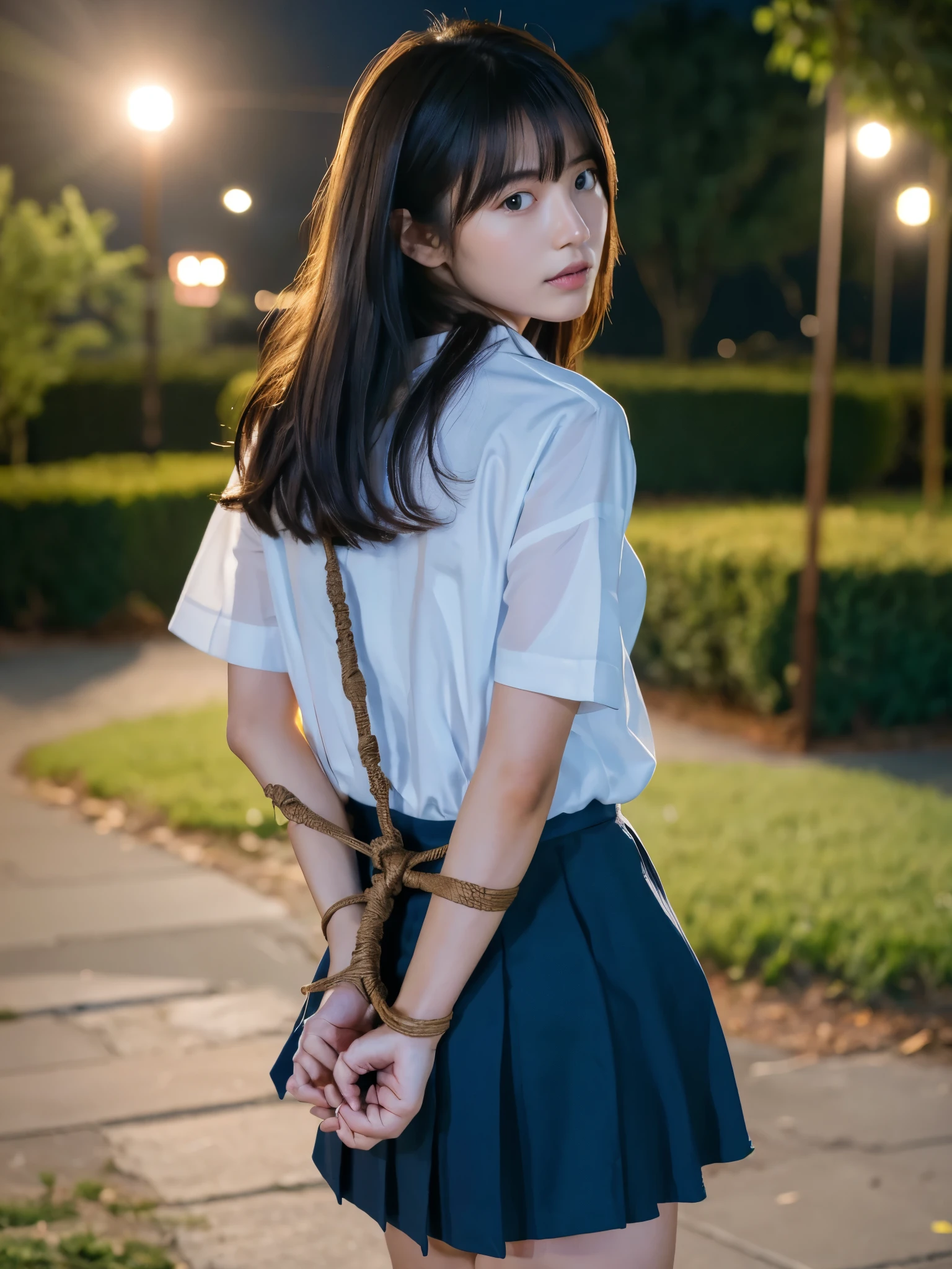 Kidnapped Woman、His hands are tied、((Place your hands behind your back))、((Place your hands together and cross them behind your back))、(((Her wrists are tied with rope、shibari)))、Beauty、20-year-old、university student、(anatomicaly, Has two arms and two hands)、Standing on a hill at night、There are a lot of trees、Beautiful night sky、There are many stars、A strong wind is blowing、Wearing a short-sleeved blouse、Wear a high school student-style miniskirt、Uniform eyes、Proportioned proportions、Model body type、Small breasts、Small face、(I can see from head to heel), Black Hair, bangs, swept bangs, Straight hair, Nervous, Messy Hair, Floating hair, Cinema Lighting, tachi-e, First-person view, throw, From behind, F/1.2, Nikon, Cowboy Shot, Surrealism, 超High resolution, Highest quality, High resolution, 8k, Textured skin, anatomicaly正しい体,